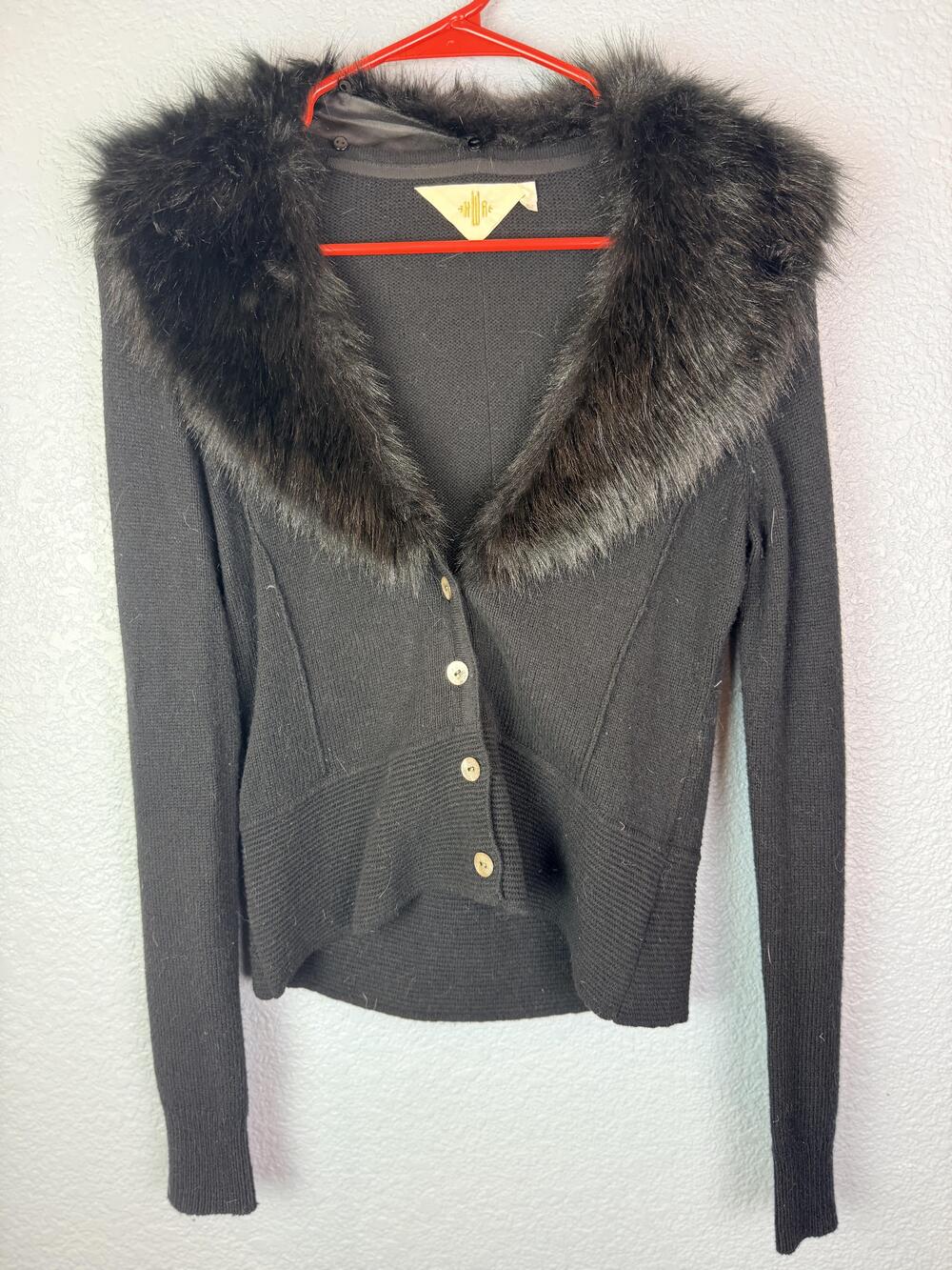 HWR Monogram Cardigan Sweater Womens Small Black Faux Fur Collar Anthropologie